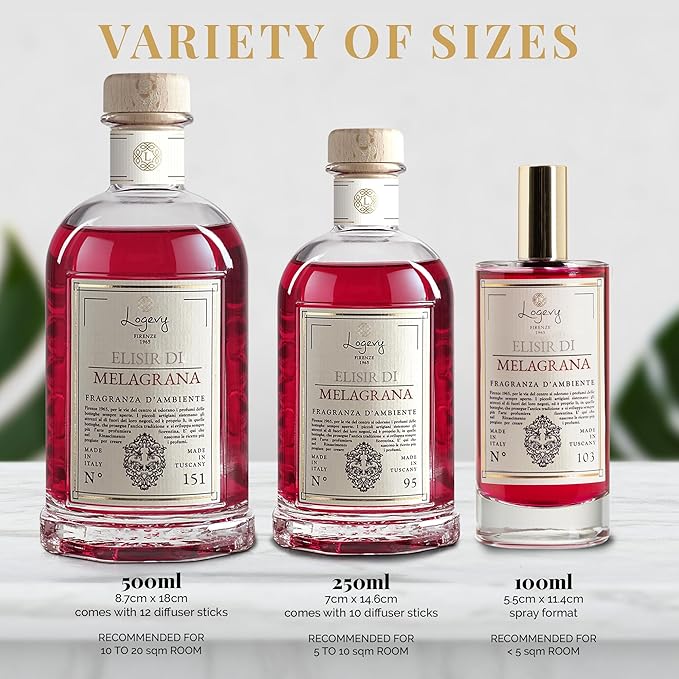 Logevy Firenze 1965 Elisir Di Melagrana – Pomegranate Elixir Luxury Home Fragrance Diffuser with Floral & Fruity Notes in Elegant Glass Bottle with 12 Natural Bamboo Reeds – 500ml
