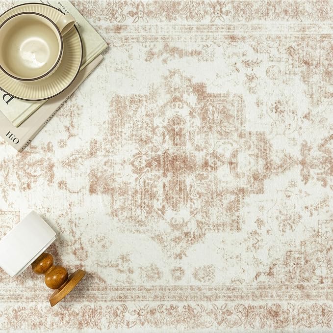 Runner Rug 3x7 Washable Beige Hallway Runner Vintage Boho Medallion Non Slip Distressed Retro Carpet Indoor Low Pile Long Soft Rug for Kitchen Entryway Bedroom Bathroom Laundry