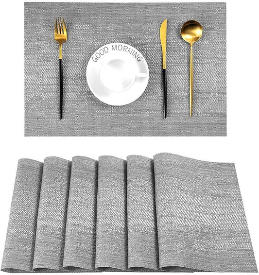 Leetaltree Grey Placemats, Heat Resistant Non-Slip Place mats for Dining Table, Washable Durable PVC Vinyl Woven Table Mats (Set of 6)