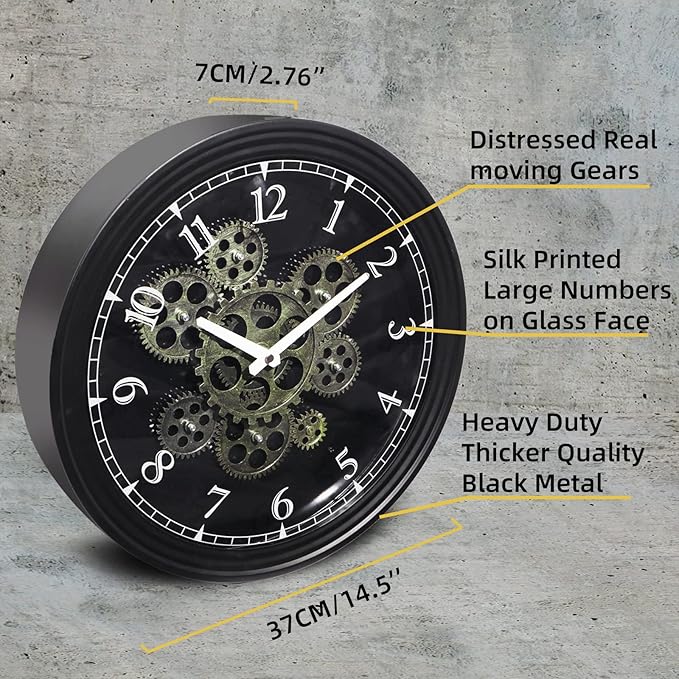 CLXEAST 15 Inch Real Moving Gear Wall Clock, Vintage Industrial Steampunk Metal Wall Clocks for Living Room Decor,Kitchen, Home Office