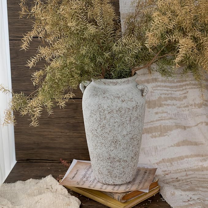 Ceramic Rustic Farmhouse Vase with 2 Handles, 12.2'' Tall Large Vintage Stoneware Clay Decorative Handmade Terracotta Pottery Flower Vase for Home Living Room Decor Table Entryway Grey White