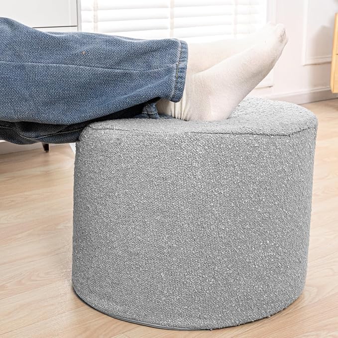 Asuprui Supportive Boucle Ottoman Foot Rest Elevate Your Living Room Decor with Lightweight Pouf Ottoman Filler and Comfort Cover Modern Foam Stuffed Poof Perfect to Rest Your Feet (Gray)