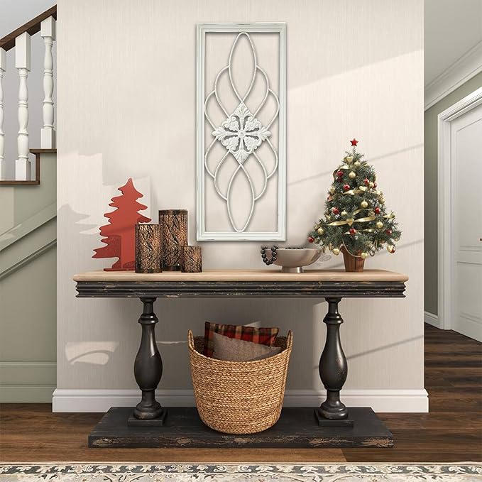 Sintosin Rustic Wood and Metal Wall Art Decor Living Room 14 x 35 Inch, Hanging Distressed White Decorative Vintage Wrought Iron Wall Decor for Living Room Entryway Hallway Bedroom Kitchen