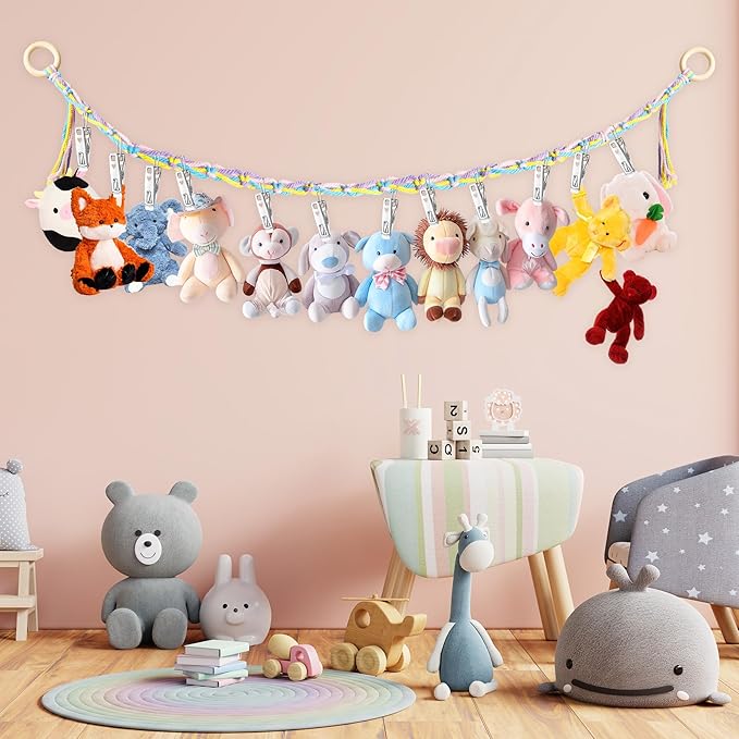 Hanging Stuffed Animal Storage Hammock - 78 Inch Stuffed Animal Hammock Corner with 20 PCS Metal Clips, Boho Stuffed Animal Net with Wooden Ring Macrame Stuff Animal Organizer for Room Decor