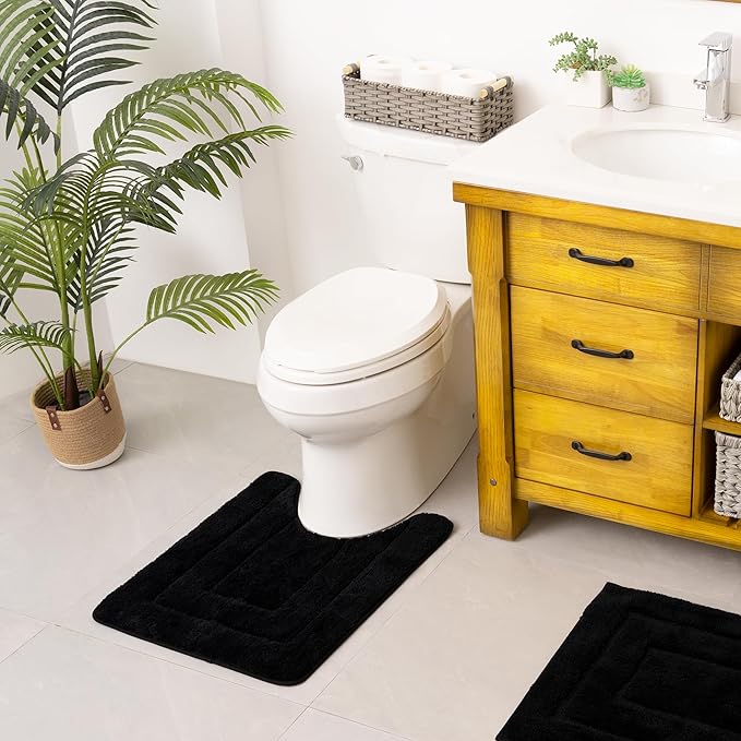 GRANNY SAYS Bathroom Toilet Rugs U Shaped, Bath Mats for Bathroom, Shower Room Rugs Non Slip Washable, Absorbent Microfiber Toilet Mat, Soft Plush Shaggy Bath Carpet, 20" x 24", Black