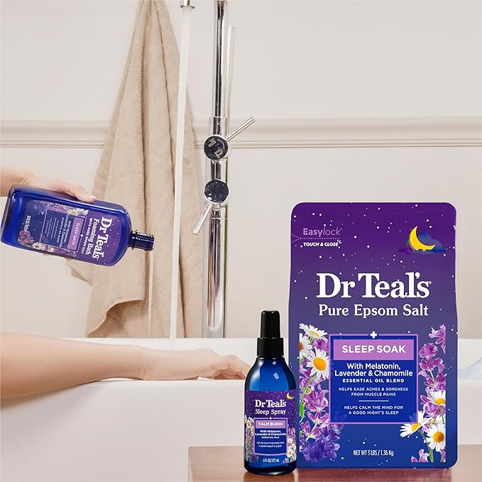 Dr Teal's Foaming Bath with Pure Epsom Salt, Sleep Blend with Melatonin, Lavender & Chamomile Essential Oils, 34 fl oz (Pack of 4)