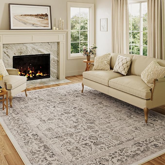 Black Area Rug 10x14 Machine Washable Large Vintage Living Room Distressed Non Slip Carpet Traditional Indoor Bedroom Grey Retro Floral Accent Throw Rug for Office Kitchen Dining Room