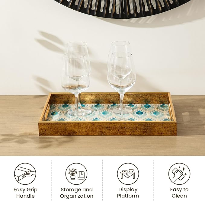 Glitzhome Serving Tray with Handles, Set of 2 Rectangle Wooden & Plastic Peacock Feathers Pattern Decorative Trays Storage Tray for Living Room Ottoman Party Supplies, 17.5" x12.5" and 15.75" x 9.75"