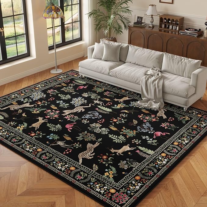 Living Room Rug 6x9 Rug Machine Washable Boho Area Rug Non Slip Floral Animal Vintage Low Pile Large Rug for Living Room, Bedroom, Farmhouse, Dining Room, Kids Playroom (Black)