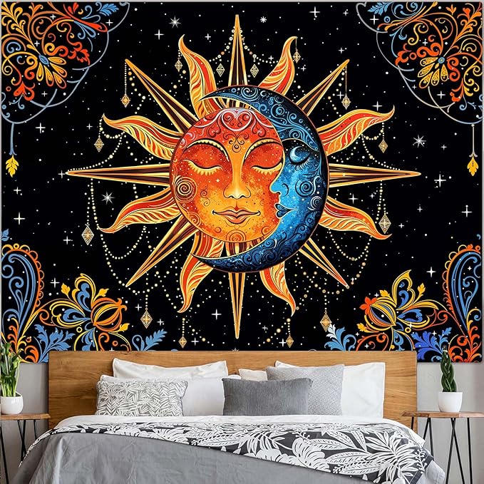 Lunerfex Sun and Moon Tapestry Mandala Wall Tapestry, Cute Tapestries for Bedroom Ceiling Tapestries Wall Hanging for Bedroom Living Room Wall Decor Sun-1 70"x90"