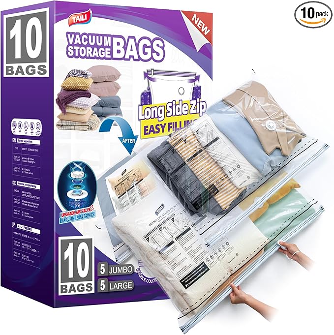 TAILI LONG SIDE ZIP 10 Pack Vacuum Storage Bags, Multi-Size Vacuum Seal Bags for Clothing (5 Large+5 Jumbo), Storage Bulky Beddings, Comforters and Clothes, Space Saver for Closet Organization