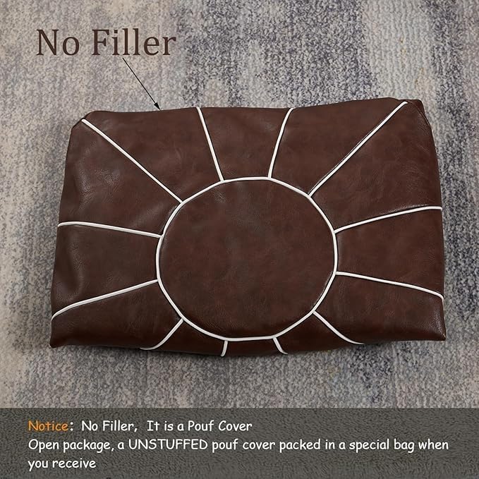 Louis Donné Unstuffed Pouf Ottoman Cover, Handmade Moroccan Foot Stool for Foot Rest, Round Faux Leather Small Bean Bag with Storage Solution, Floor Pouffe Footstool for Living Room, Bedroom Balcony