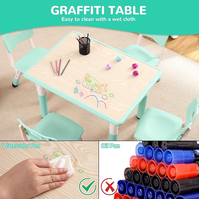 Kids Table and Chairs Set, Height Adjustable Desk With 4 Seats for Ages 2-10,Arts & Crafts Table,Graffiti Desktop, Non-Slip Legs, Max 300lbs, Children Multi-Activity Table for Classrooms,Daycares,Home