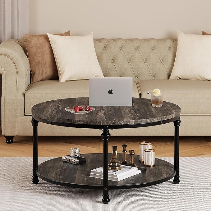 IDEALHOUSE Round Coffee Table for Living Room Rustic Center Table with Storage Shelf Wood Circle Coffee Table with Sturdy Metal Legs, Easy Assembly