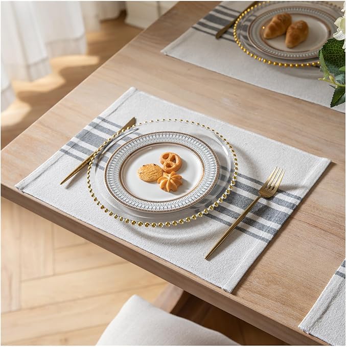 Placemats Set of 6 for Dining Table, Woven Cloth Place Mats for Kitchen Tabletop Décor, Handcrafted Machine Washable Cotton Table mats 13 x 19 Inch, Grey and Beige