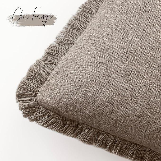 Foindtower Set of 2 Decorative Linen Fringe Throw Pillow Covers Boho Farmhouse Cushion Cover with Tassels Soft Accent Pillowcase for Couch Chair Sofa Bed Living Room Home Decor,18×18 Inch,Brown Tan