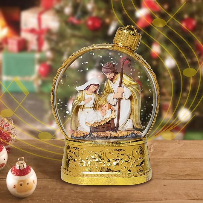 Christmas Snow Globes, 6.7" Nativity Glitter Water Lantern with Song, 6H Timer Battery & USB Powered Music Box for Christmas Decorations Indoor