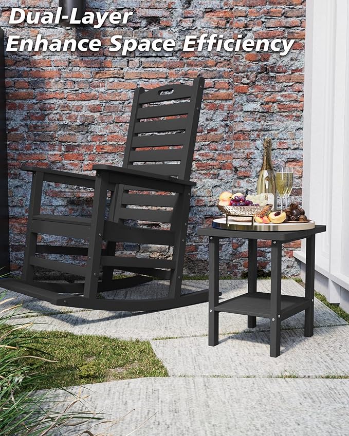 2-Tier Adirondack Square Outdoor Side Table, Pool Composite Patio Table, Weather Resistant End Table for Patio, Backyard, Pool, Easy Maintenance - Black