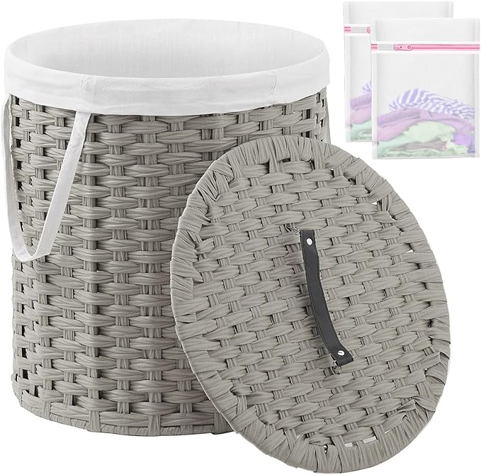 Laundry Hamper with Lid Wicker Laundry Hamper Round 26.5 Gal (100 L) Laundry Basket Handwoven Rattan Laundry Basket with Removable Bag Handles 2 Mesh Bags for Living Room Bedroom Gray
