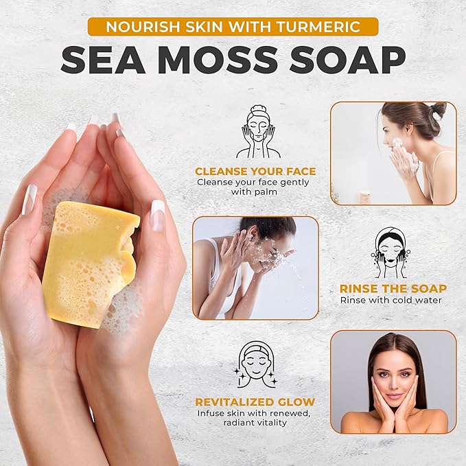 Handmade All Natural Sea Moss Soap - Organic Turmeric Sea Moss Soap Bar - 7oz Large Sea Moss Soap - Plant Based Sea Moss Soap for Face - Sea Moss Soap for Varicose Veins