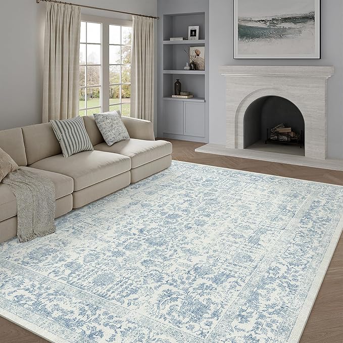 Blue Area Rug 9x12 Machine Washable Large Vintage Living Room Distressed Non Slip Carpet Traditional Indoor Bedroom Retro Floral Accent Throw Rug for Office Kitchen Dining Room
