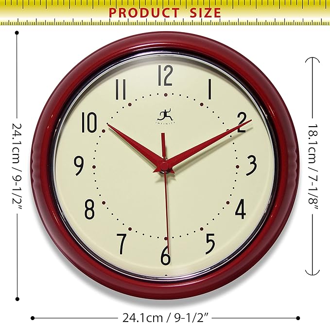 Infinity Instruments LTD. Retro 9 inch Silent Sweep Non-Ticking Mid Century Modern Kitchen Diner Wall Clock Quartz Movement Retro Wall Clock Decorative (Red)…