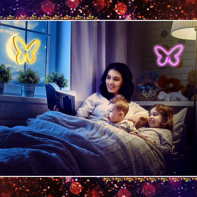 Riakrum 2 Pcs Butterfly Neon Signs LED Light 3AA Battery Powered USB Operated Wall Neon Light Decor Butterfly Wall Art for Christmas Home Bedroom Birthday Party Decor(Pink, Warm White)