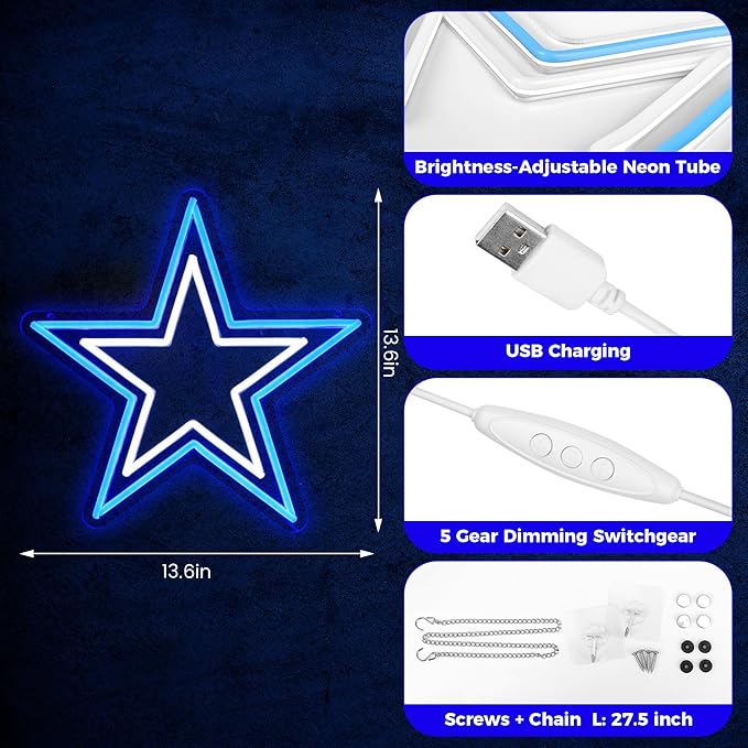 Football Team Neon Sign, Cool Light Up Dimmable Dallas Logo Hanging Led Neon Sign for Wall Decor, Party, Bar, Man Cave, Garage, Game Room Deco, Birthday Gift for Football Fans (B-Cowboy)
