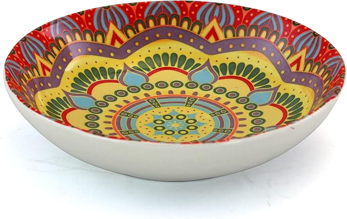Elama Mandala Round Stoneware Multicolor Dinnerware Set, 16 Piece, Red