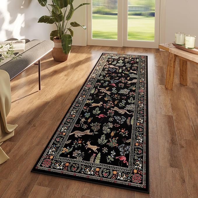 Runner Rug for Kitchen Rug Non Slip 2'6''x8' Washable Rugs with Rubber Backing Soft Floral Animal Carpet Runner for Kitchen, Laundry, Bedroom, Bathroom (Black)