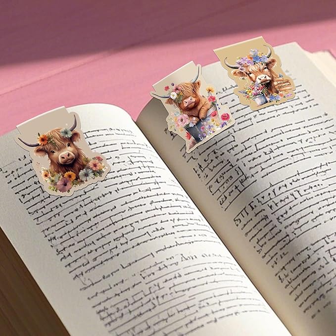 Highland Cow Magnetic Bookmarks: 12 Pcs Cute Cow Magnet Book Page Markers, Flower Animal Book Mark Clips for Reading, Gifts for Kids Women Students Book Lovers Office School Supplies