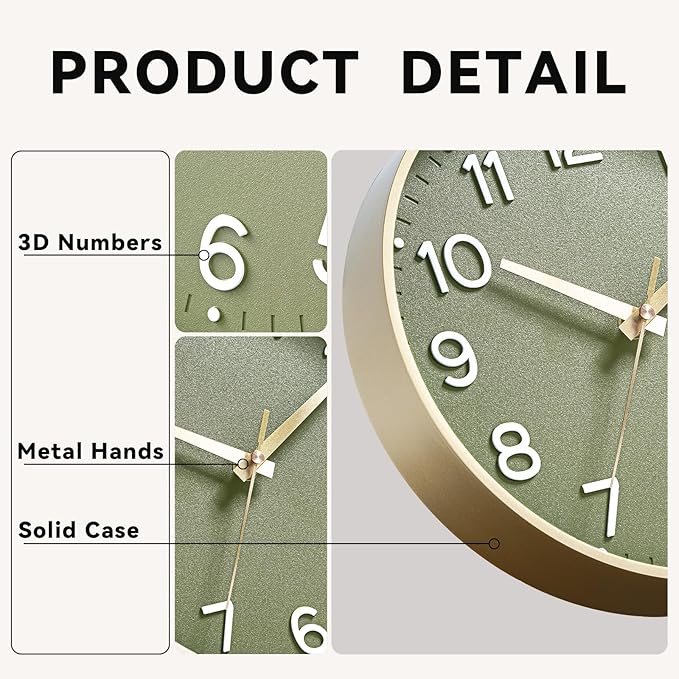 Wall Clock 14 Inch Silent Green Wall Clocks Battery Operated- Modern Non Ticking Analog Clock Decorative for Living Room Bedroom Office Kitchen(Gold)