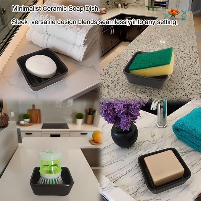 Ceramic Soap Dish with Drainer, Square Soap Holder for Bathroom, Shower, Kitchen Sink - Soapbox Saver Tray Dr. Squatch Bar Container Keeps Dry, Easy to Clean, Compact & Stylish (1, Black)