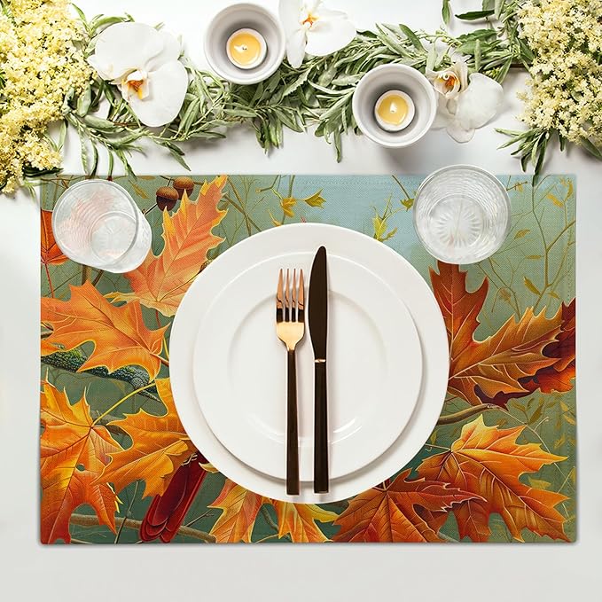 Giwawa Fall Birds Placemats Set of 4, 12"x18" Autumn Trees Maple Leaves Chestnuts Table Mats, Thanksgiving Harvest Heat Resistant Washable Linen Place Mat for Kitchen Dining Holiday Party Decor
