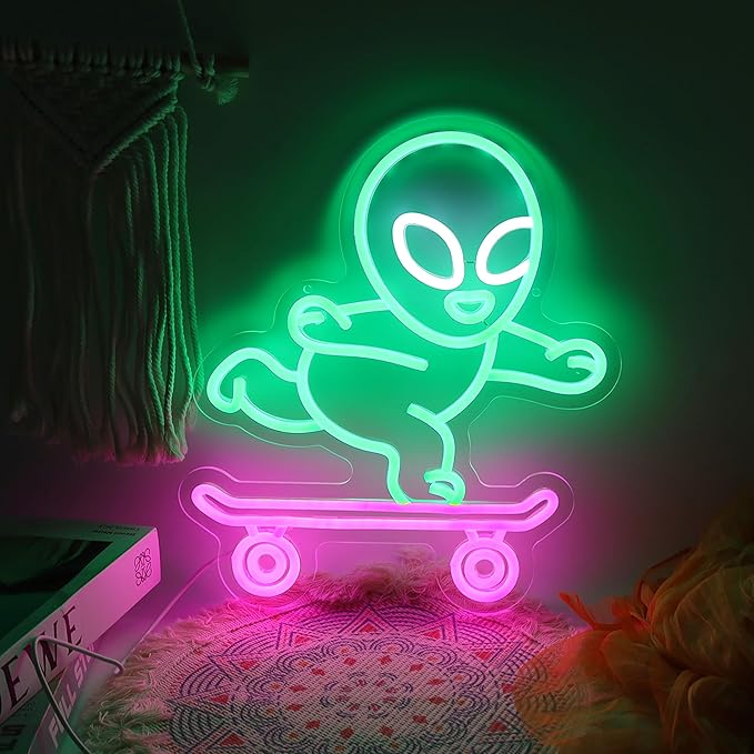 Alien Skateboard Neon Cool LED Light Up Sign For Room Wall decor Neon Alien Sign for Teen Boys Room Decor Dimmable LED Sign for Wall Art Gifts 12.6 * 14.2IN