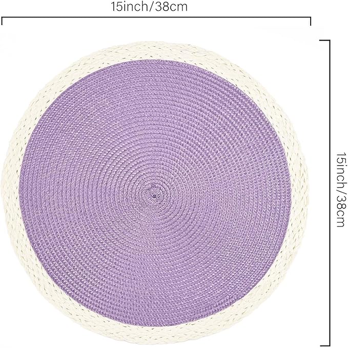 Noctiflorous Round Braided Placemats Set of 4 Table Mats 15 Inches Washable Heat Resistant for Dining Table Non-Slip Indoor Outdoor Place Mats for Easter(02 White Edge Purple 4)