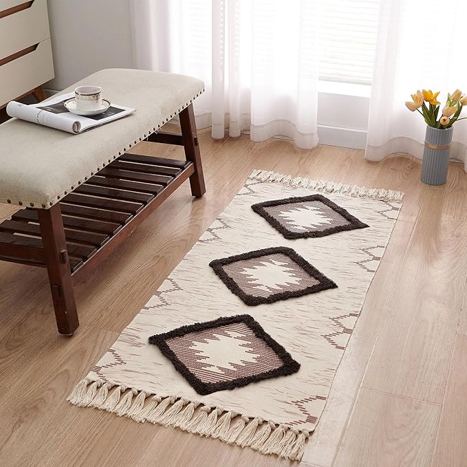 Boho Runner Rug 2'x4.3', Washable Hallway Rug Runner Non Slip Rubber Backed, Kitchen Farmhouse Area Rug Floor Mat with Tassels, Tufted Woven Cotton Entryway Carpet, Brown
