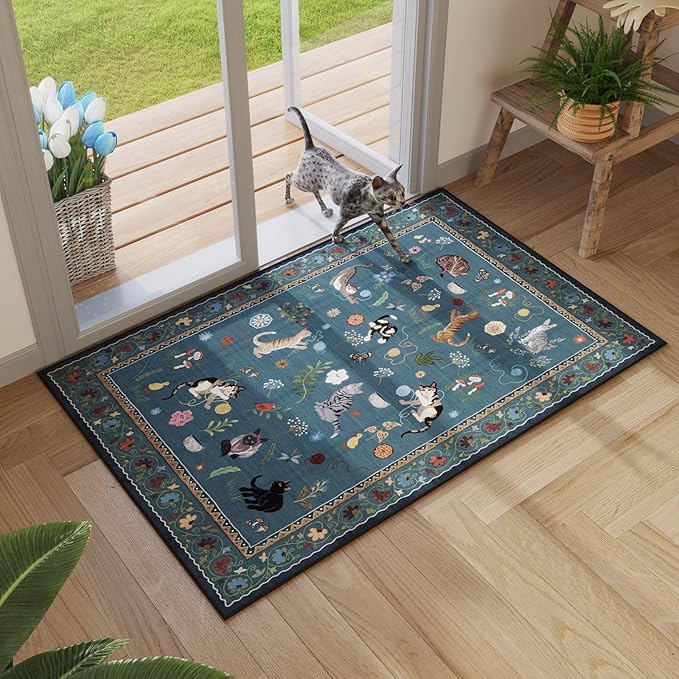 Door Mat Indoor Entrance 2x3 Rug Machine Washable Boho Floral Animal Cat Small Area Rug Non-Slip Low Pile Throw Rugs for Entryway Kitchen Front Door Indoor Entry Kids Room, Pearl Gentian Blue