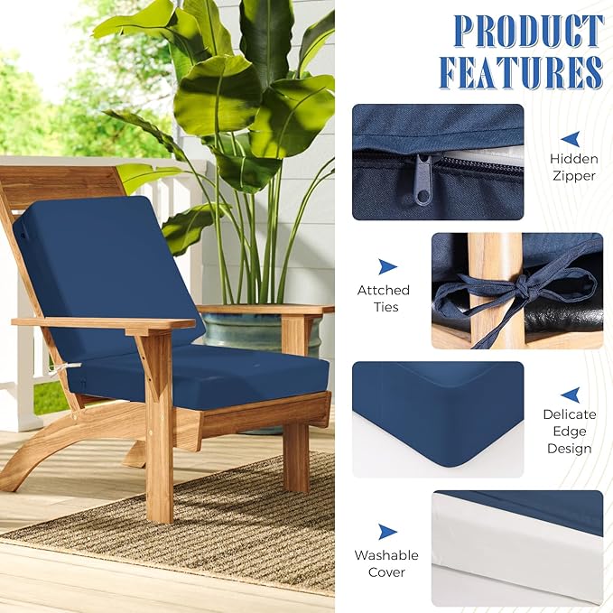 Outdoor Deep Seat Cushion Set of 2, 24 x 24 Inch Waterproof and Fade Resistant Patio Furniture Cushion Backrest with Ties for Patio Garden Yard and Balcony (Blue-2Pcs, 24x24Inch)