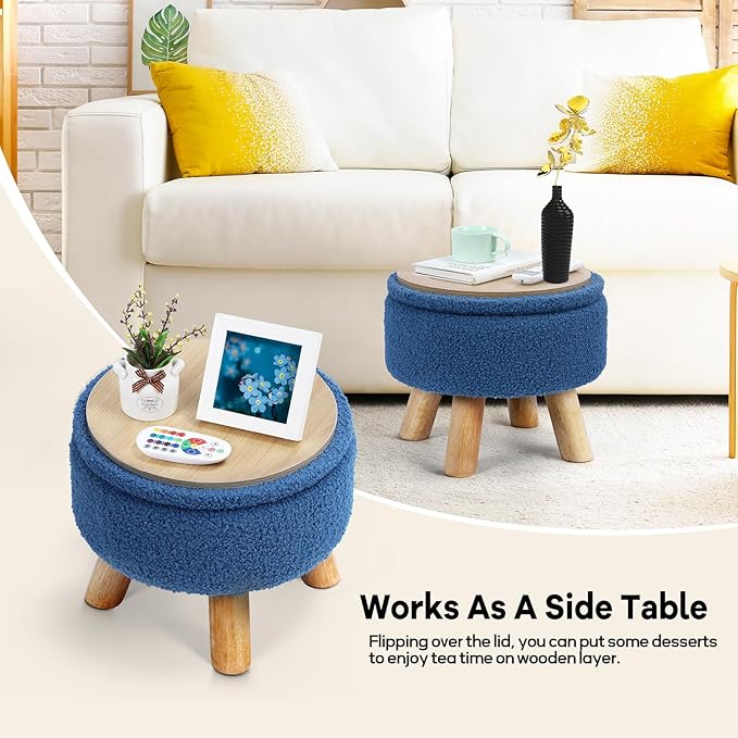 Ottoman Foot Rest, Small Round Ottoman with Storage, Boucle Teddy Velvet Footstool with Wood Legs, Soft Sponge Storage Ottoman for Living Room, Bedroom, Couch, Enterway (Dark Blue)