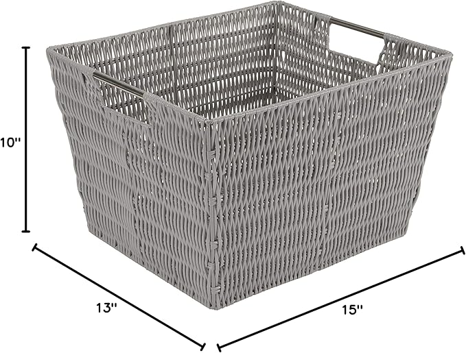 Simplify 15"x13"x10" Large Woven Basket for Storage with Handles, Nursery, Playroom, Toys, Bedroom, Closet, Clothes, Office, Decorative Organizer Rattan Totes, Grey