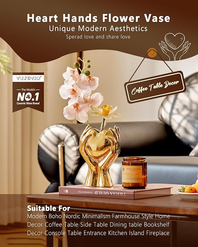 8" Heart Hand Gold Ceramic Vase - Unique Modern Aesthetic Flowers Vase for Living Room Bedroom Office Kitchen Table Centerpiece or Shelf Decor-Gifts for Wedding Bridal Shower Women Mom (Gold)