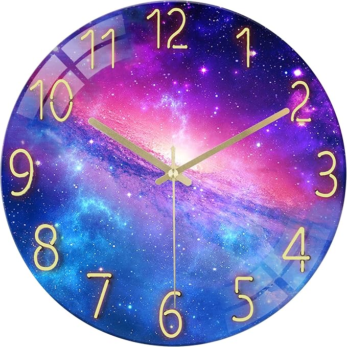 Lafocuse 12 Inch Silent Purple Wall Cloks Battery Operated for Bedroom, Cool Space Galaxy Analog Clock for Living Room Decor, Glass