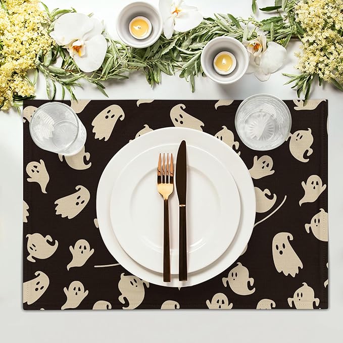 Giwawa Halloween Placemats Set of 4, 12x18 Inch Spooky Gothic Ghosts Black Place Mat for Kitchen Dining, Holiday Double Sided Heat Resistant Table Mats for Tabletop Party Indoor Outdoor Decor