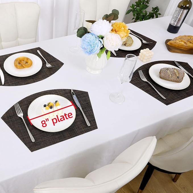 SHACOS Small Wedge Placemats Set of 4 Woven Vinyl Round Table Placemats Wipe Clean Round Table Mats Indoor Outdoor, Black Brown
