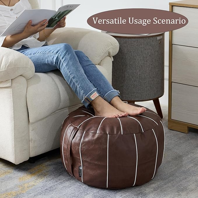 Louis Donné Unstuffed Pouf Ottoman Cover, Handmade Moroccan Foot Stool for Foot Rest, Round Faux Leather Small Bean Bag with Storage Solution, Floor Pouffe Footstool for Living Room, Bedroom Balcony