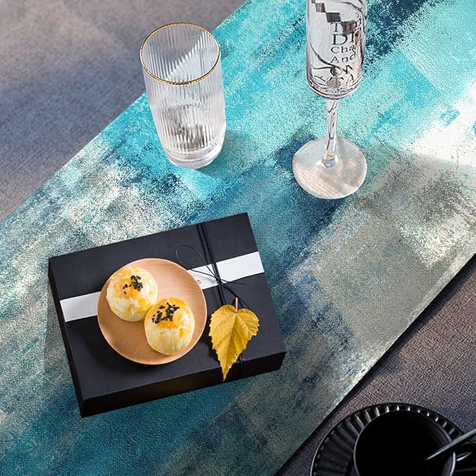 Mcalk Farmhouse Turquoise Table Runner and Placemats Set of 6 Pieces,Teal Turquoise Placemats Modern Art,Blue Grey Abstract Art Cloth Place Mats for Kitchen,Linen Material for Dining Table
