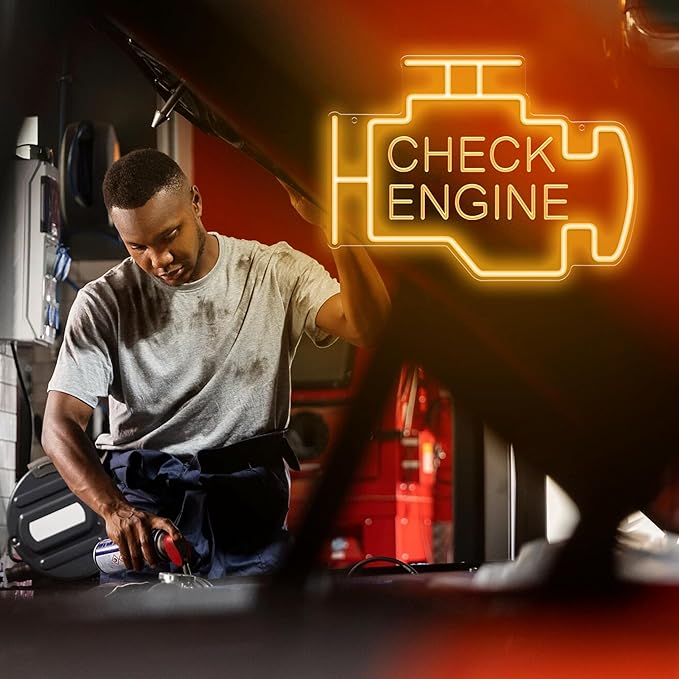 Kavaas Check Engine Neon Sign, LED Garage Sign for Car Room Decor | Check Engine Light Neon Sign for Garage Decor, Auto Repair Workshop, Man Cave - Best Gifts for Dad, Car Enthusiast (Golden Yellow)