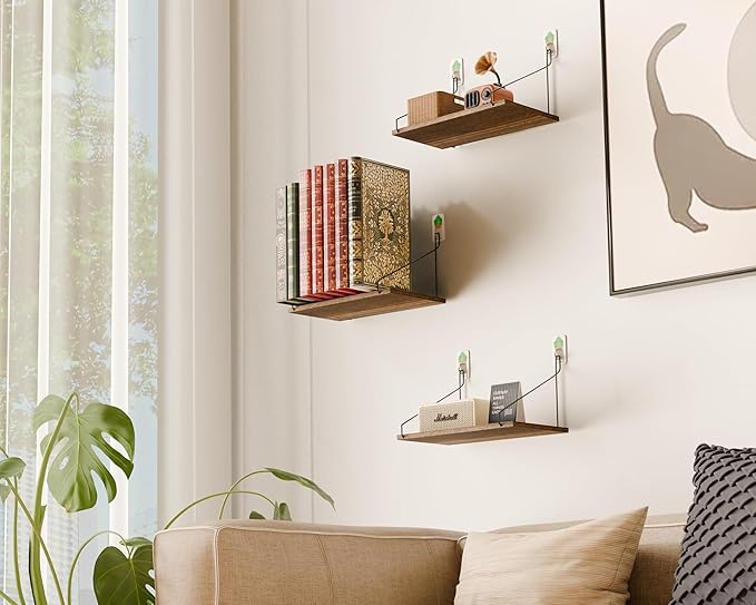 Elevate Your Space with Rustic Wood Floating Shelves Set of 3- Perfect for Bedroom, Living Room, Bathroom, and Kitchen Decor - Easy Installation, No Drilling Needed!
