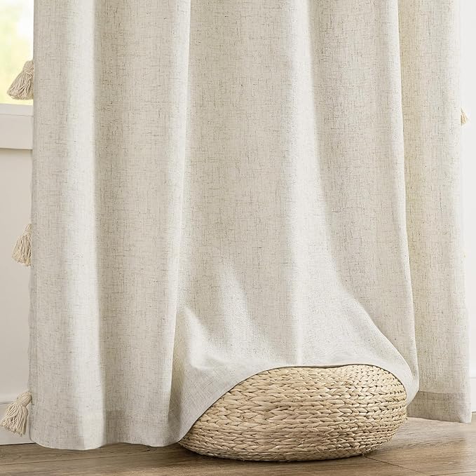 jinchan Boho Curtains 63 Inch Long 2 Panels, Linen Blend Farmhouse Drapes with Tassels for Bedroom, Light Filtering Cottage Core Curtians with Fringe, W50 x L63 with Rod Pocket Back Tab,(Ecru)